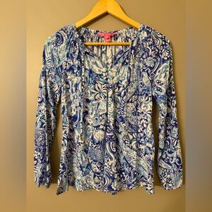 Lilly Pulitzer Blue White Swirl Print Rayon Tunic Top Size xxs